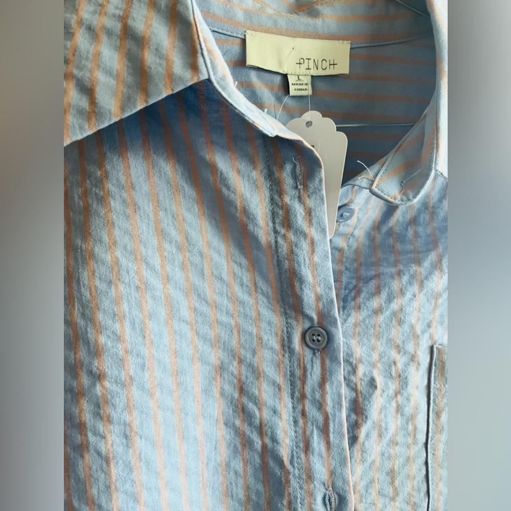 NEW! Oversized button down, blue and pink stripes. Size L.